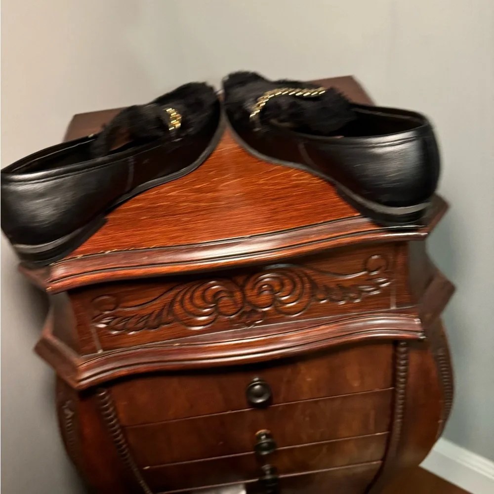 Black and Gold Patent Leather Flats with Chain Detail